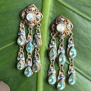Chinese Export Enamel Rock Crystal Cabochon Blue Topaz Dangle Gilt Earrings